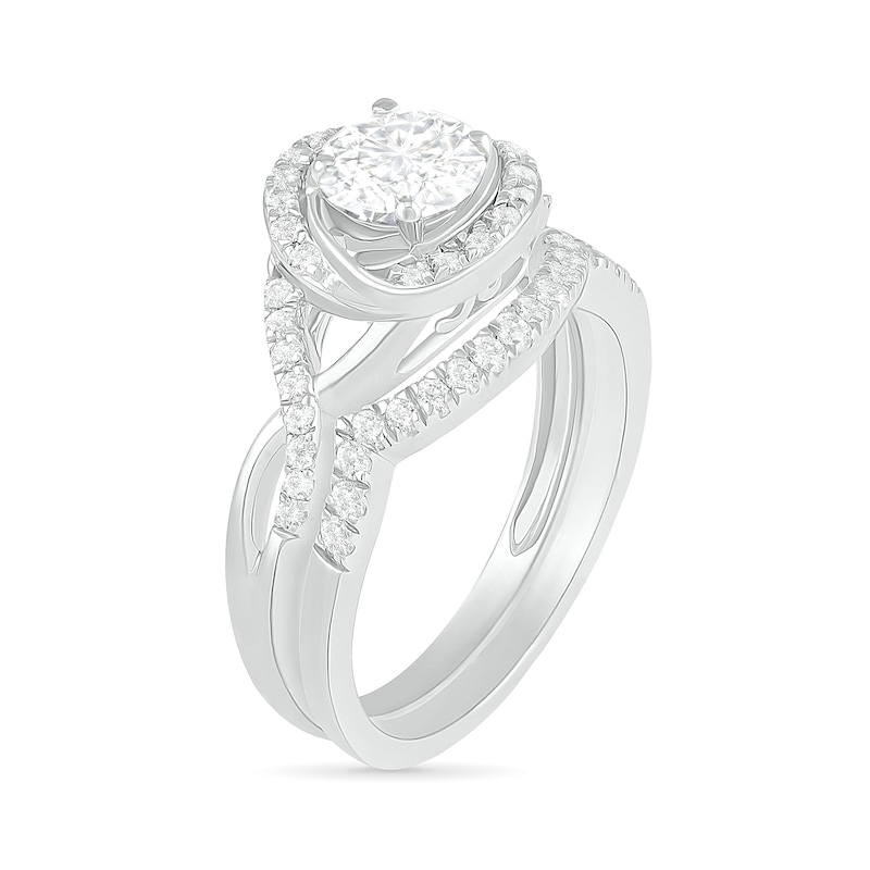 6.0mm White Lab-Created Sapphire Swirl Frame Twist Split Shank Bridal Set in Sterling Silver