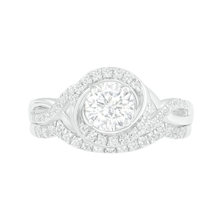 6.0mm White Lab-Created Sapphire Swirl Frame Twist Split Shank Bridal Set in Sterling Silver