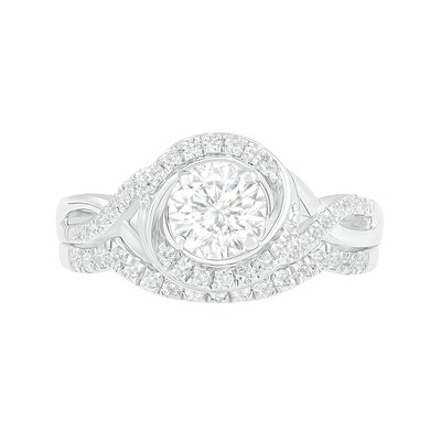 6.0mm White Lab-Created Sapphire Swirl Frame Twist Split Shank Bridal Set in Sterling Silver