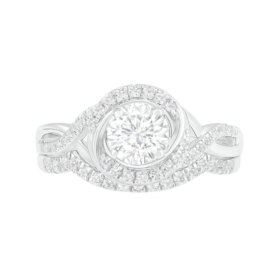6.0mm White Lab-Created Sapphire Swirl Frame Twist Split Shank Bridal Set in Sterling Silver