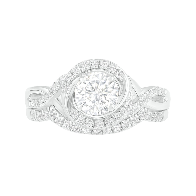 6.0mm White Lab-Created Sapphire Swirl Frame Twist Split Shank Bridal Set in Sterling Silver