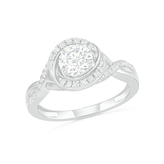 6.0mm White Lab-Created Sapphire Swirl Frame Twist Split Shank Bridal Set in Sterling Silver