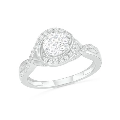 6.0mm White Lab-Created Sapphire Swirl Frame Twist Split Shank Bridal Set in Sterling Silver