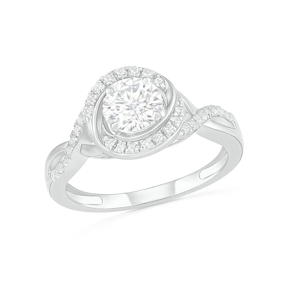 6.0mm White Lab-Created Sapphire Swirl Frame Twist Split Shank Bridal Set in Sterling Silver