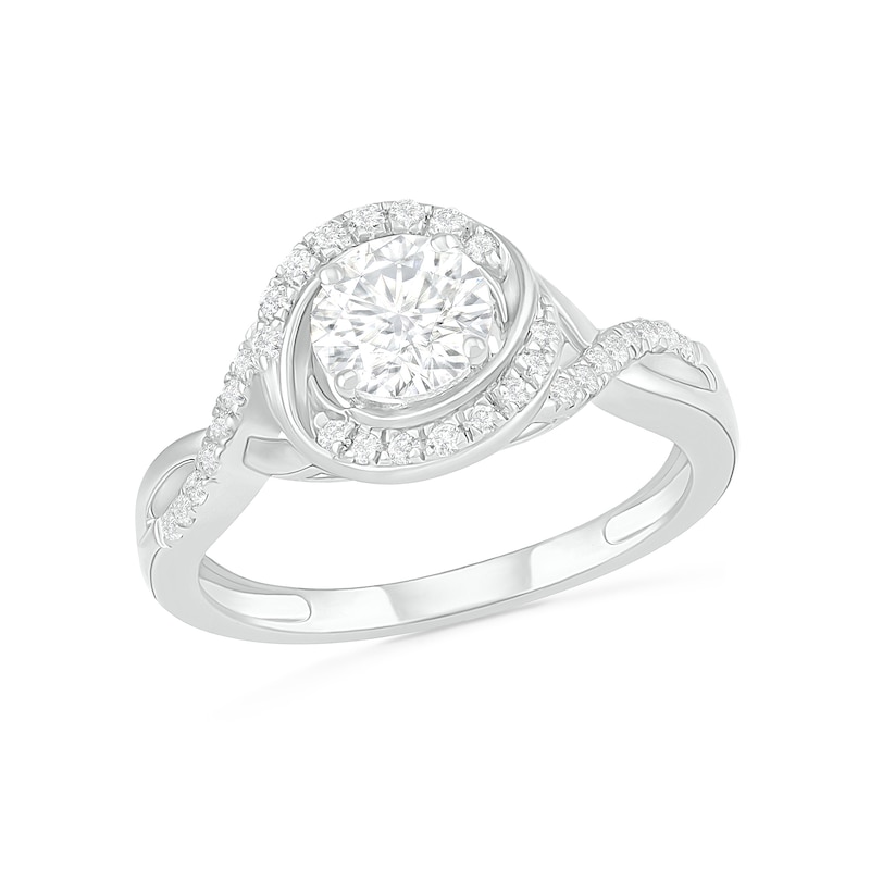 6.0mm White Lab-Created Sapphire Swirl Frame Twist Split Shank Bridal Set in Sterling Silver