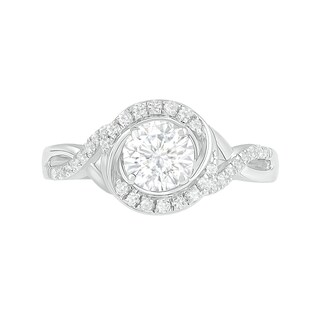 6.0mm White Lab-Created Sapphire Swirl Frame Twist Split Shank Bridal Set in Sterling Silver