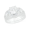 7.0mm White Lab-Created Sapphire Ship's Wheel Frame Three Stone Split Shank Bridal Set in Sterling Silver