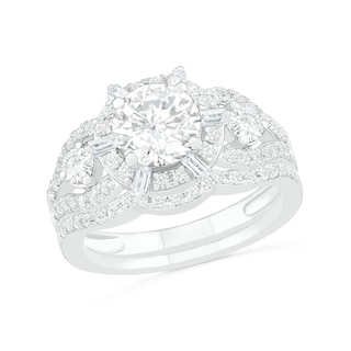 7.0mm White Lab-Created Sapphire Ship's Wheel Frame Three Stone Split Shank Bridal Set in Sterling Silver