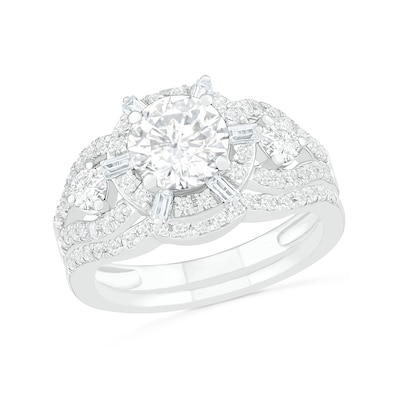 7.0mm White Lab-Created Sapphire Ship's Wheel Frame Three Stone Split Shank Bridal Set in Sterling Silver