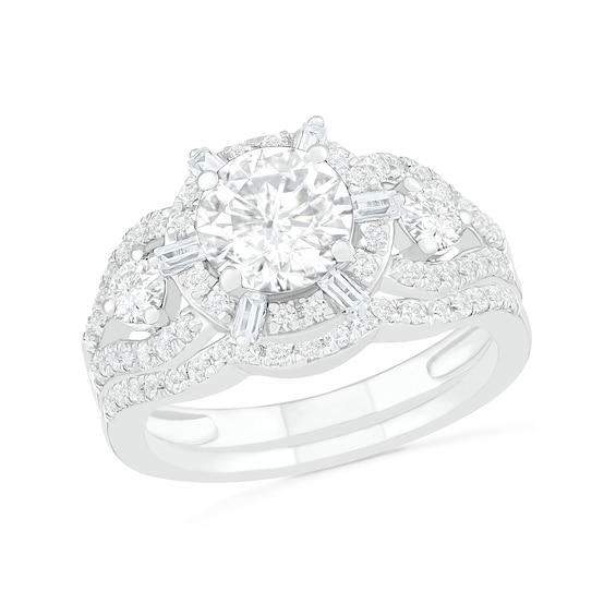 7.0mm White Lab-Created Sapphire Ship's Wheel Frame Three Stone Split Shank Bridal Set in Sterling Silver
