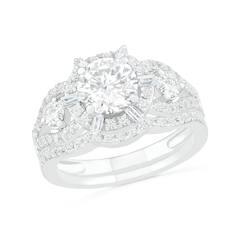 7.0mm White Lab-Created Sapphire Ship's Wheel Frame Three Stone Split Shank Bridal Set in Sterling Silver