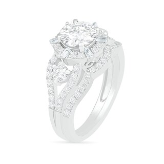 7.0mm White Lab-Created Sapphire Ship's Wheel Frame Three Stone Split Shank Bridal Set in Sterling Silver
