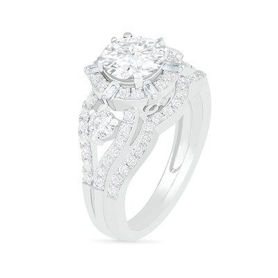 7.0mm White Lab-Created Sapphire Ship's Wheel Frame Three Stone Split Shank Bridal Set in Sterling Silver