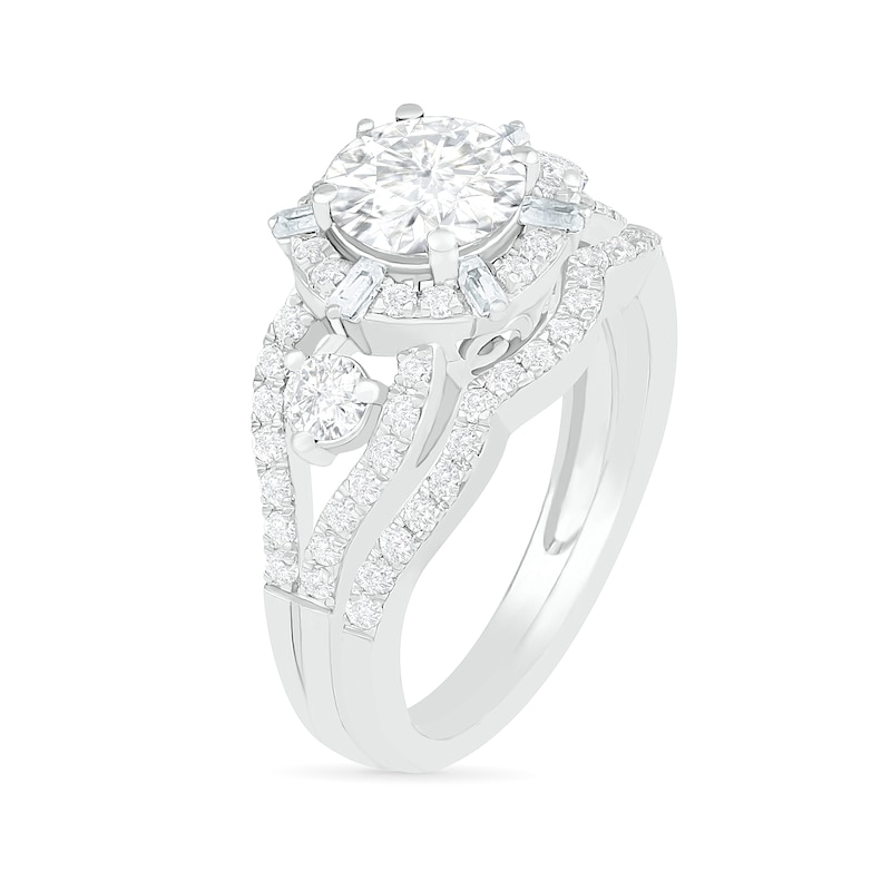 7.0mm White Lab-Created Sapphire Ship's Wheel Frame Three Stone Split Shank Bridal Set in Sterling Silver