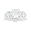 7.0mm White Lab-Created Sapphire Ship's Wheel Frame Three Stone Split Shank Bridal Set in Sterling Silver