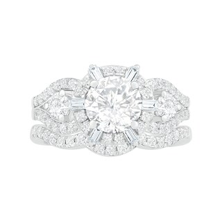 7.0mm White Lab-Created Sapphire Ship's Wheel Frame Three Stone Split Shank Bridal Set in Sterling Silver