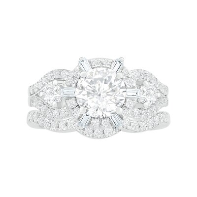7.0mm White Lab-Created Sapphire Ship's Wheel Frame Three Stone Split Shank Bridal Set in Sterling Silver
