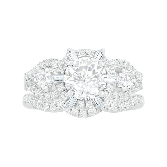 7.0mm White Lab-Created Sapphire Ship's Wheel Frame Three Stone Split Shank Bridal Set in Sterling Silver