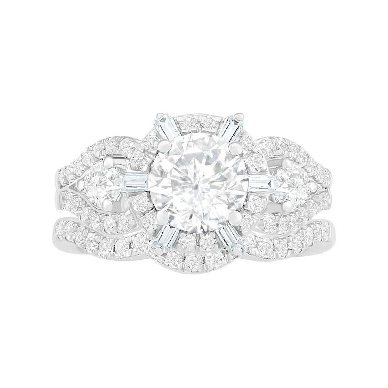 7.0mm White Lab-Created Sapphire Ship's Wheel Frame Three Stone Split Shank Bridal Set in Sterling Silver