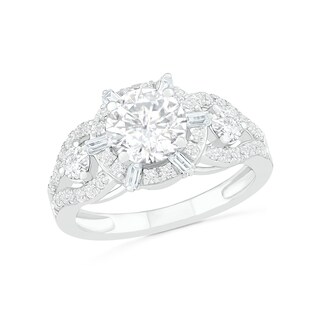 7.0mm White Lab-Created Sapphire Ship's Wheel Frame Three Stone Split Shank Bridal Set in Sterling Silver