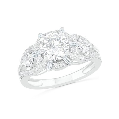 7.0mm White Lab-Created Sapphire Ship's Wheel Frame Three Stone Split Shank Bridal Set in Sterling Silver