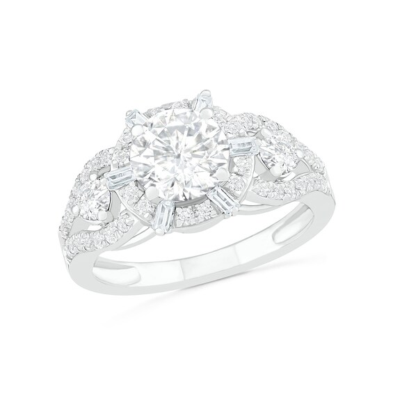 7.0mm White Lab-Created Sapphire Ship's Wheel Frame Three Stone Split Shank Bridal Set in Sterling Silver