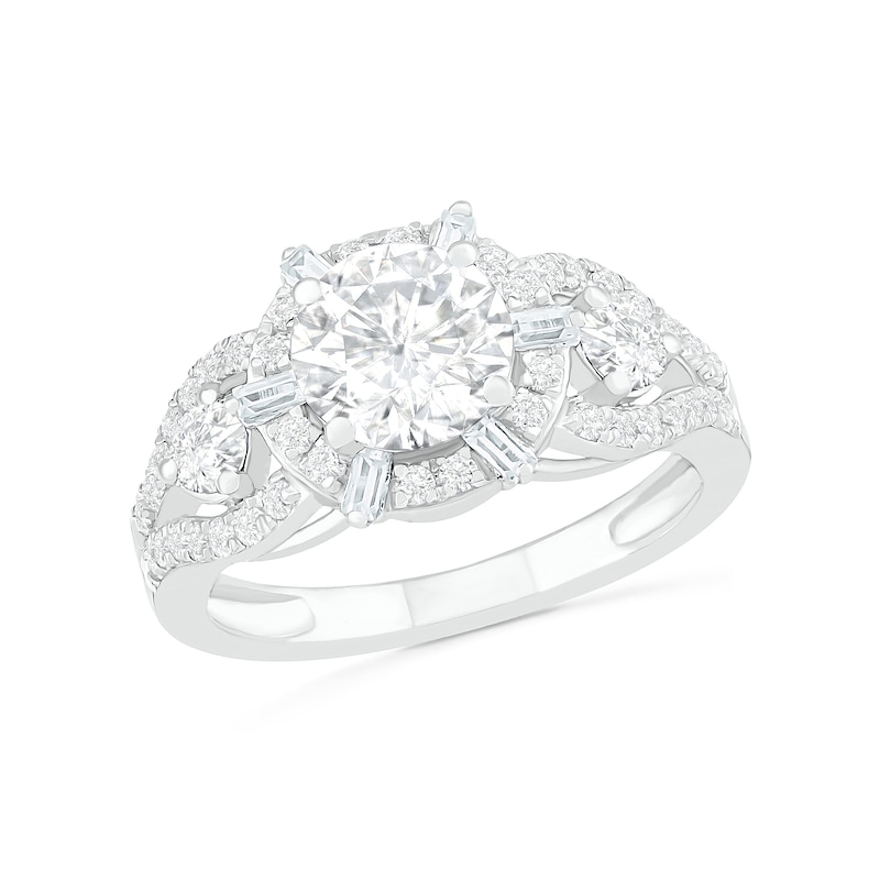 7.0mm White Lab-Created Sapphire Ship's Wheel Frame Three Stone Split Shank Bridal Set in Sterling Silver
