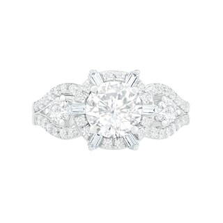 7.0mm White Lab-Created Sapphire Ship's Wheel Frame Three Stone Split Shank Bridal Set in Sterling Silver
