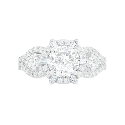 7.0mm White Lab-Created Sapphire Ship's Wheel Frame Three Stone Split Shank Bridal Set in Sterling Silver