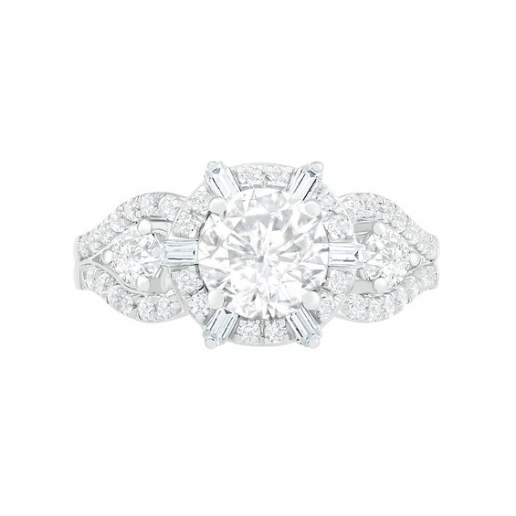 7.0mm White Lab-Created Sapphire Ship's Wheel Frame Three Stone Split Shank Bridal Set in Sterling Silver