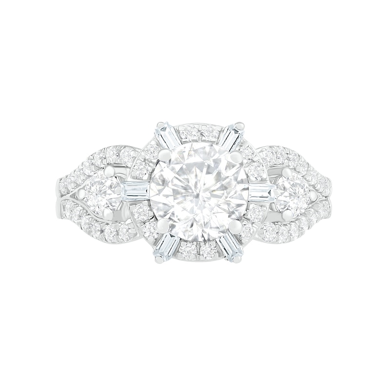 7.0mm White Lab-Created Sapphire Ship's Wheel Frame Three Stone Split Shank Bridal Set in Sterling Silver