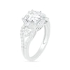 7.0mm White Lab-Created Sapphire Ship's Wheel Frame Three Stone Split Shank Bridal Set in Sterling Silver
