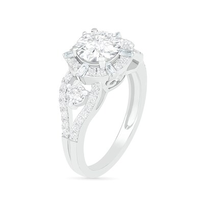 7.0mm White Lab-Created Sapphire Ship's Wheel Frame Three Stone Split Shank Bridal Set in Sterling Silver