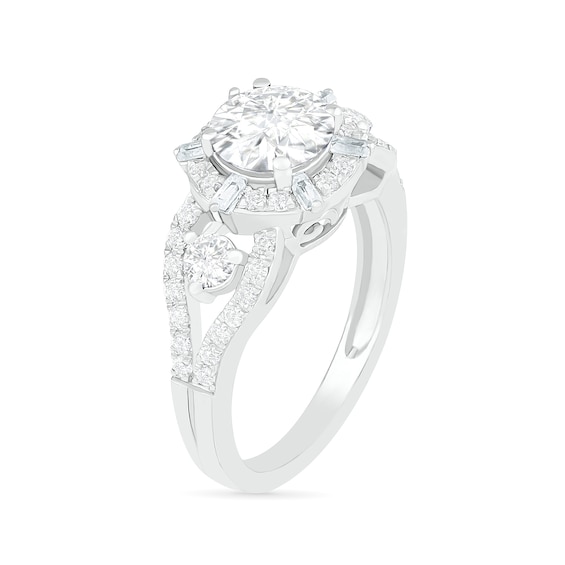 7.0mm White Lab-Created Sapphire Ship's Wheel Frame Three Stone Split Shank Bridal Set in Sterling Silver