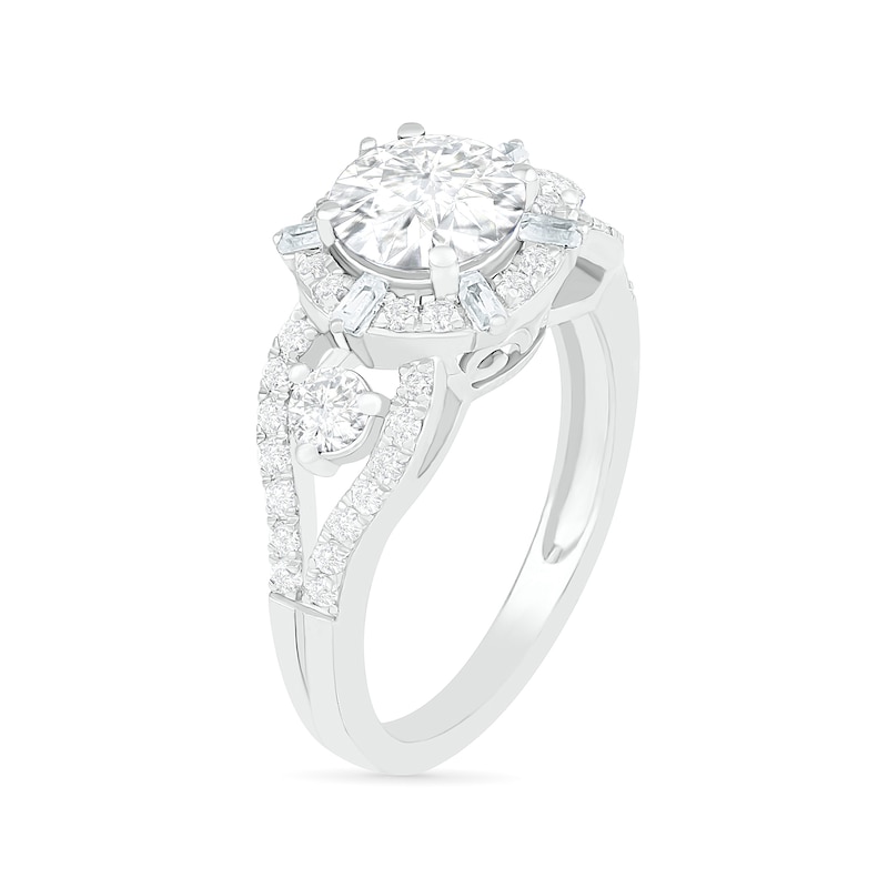7.0mm White Lab-Created Sapphire Ship's Wheel Frame Three Stone Split Shank Bridal Set in Sterling Silver