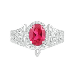 Oval Lab-Created Ruby and 0.065 CT. T.W. Diamond Bead Frame Flower-Sides Split Shank Bridal Set in Sterling Silver