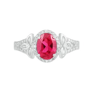 Oval Lab-Created Ruby and 0.065 CT. T.W. Diamond Bead Frame Flower-Sides Split Shank Bridal Set in Sterling Silver