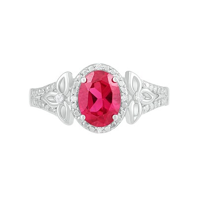 Oval Lab-Created Ruby and 0.065 CT. T.W. Diamond Bead Frame Flower-Sides Split Shank Bridal Set in Sterling Silver