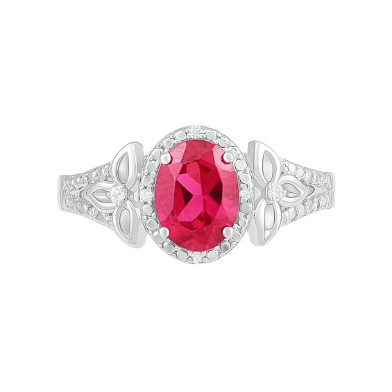 Oval Lab-Created Ruby and 0.065 CT. T.W. Diamond Bead Frame Flower-Sides Split Shank Bridal Set in Sterling Silver
