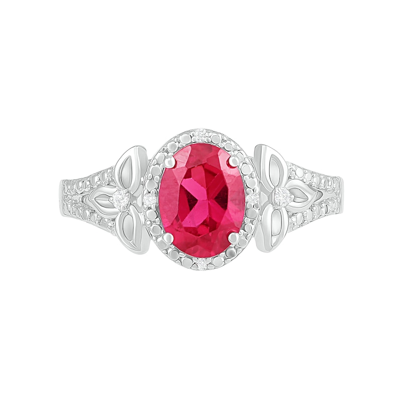 Oval Lab-Created Ruby and 0.065 CT. T.W. Diamond Bead Frame Flower-Sides Split Shank Bridal Set in Sterling Silver