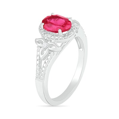 Oval Lab-Created Ruby and 0.065 CT. T.W. Diamond Bead Frame Flower-Sides Split Shank Bridal Set in Sterling Silver