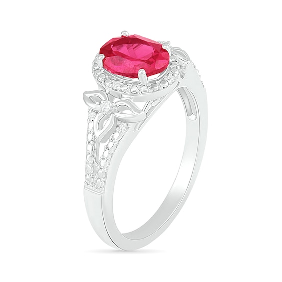 Oval Lab-Created Ruby and 0.065 CT. T.W. Diamond Bead Frame Flower-Sides Split Shank Bridal Set in Sterling Silver