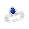 Thumbnail Image 1 of Pear-Shaped Lab-Created Blue and White Sapphire Ornate Frame Vintage-Style Bridal Set in Sterling Silver