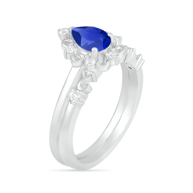 Main Image 2 of Pear-Shaped Lab-Created Blue and White Sapphire Ornate Frame Vintage-Style Bridal Set in Sterling Silver