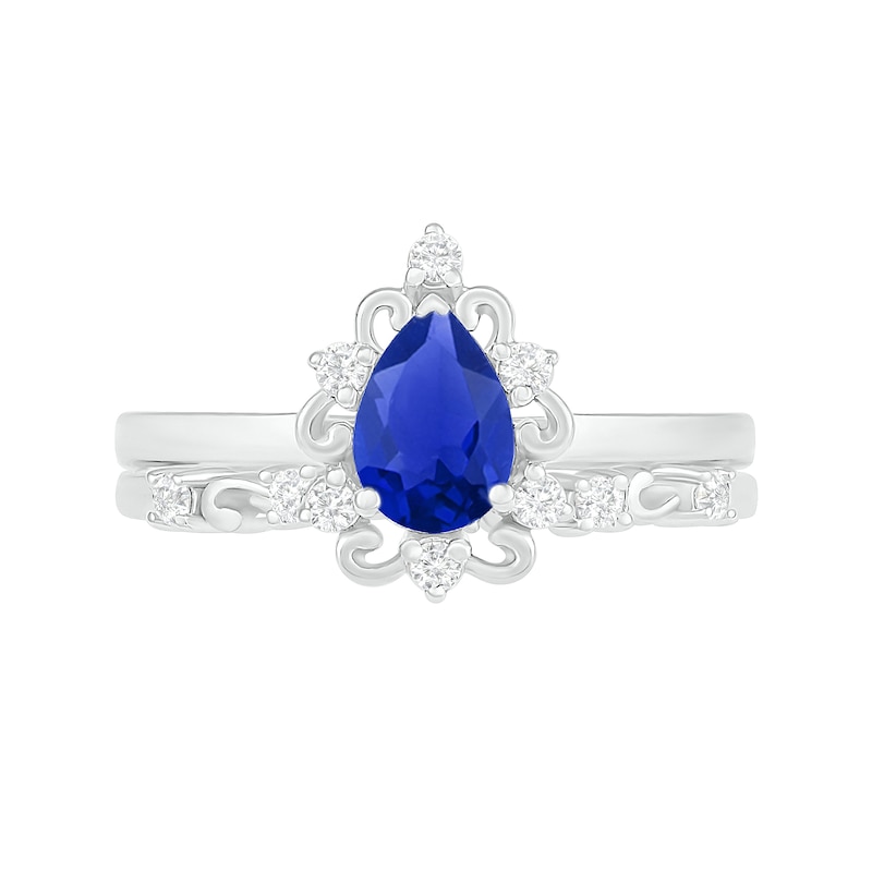 Main Image 3 of Pear-Shaped Lab-Created Blue and White Sapphire Ornate Frame Vintage-Style Bridal Set in Sterling Silver