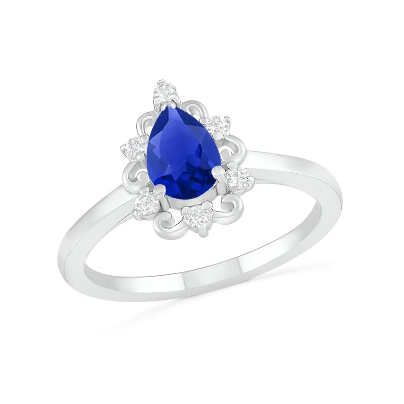 Main Image 4 of Pear-Shaped Lab-Created Blue and White Sapphire Ornate Frame Vintage-Style Bridal Set in Sterling Silver