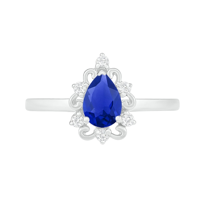 Main Image 5 of Pear-Shaped Lab-Created Blue and White Sapphire Ornate Frame Vintage-Style Bridal Set in Sterling Silver