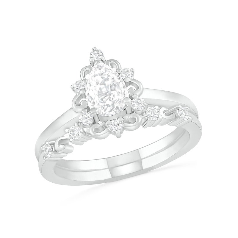Main Image 1 of Pear-Shaped White Lab-Created Sapphire Ornate Frame Vintage-Style Bridal Set in Sterling Silver