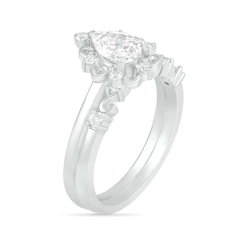 Main Image 2 of Pear-Shaped White Lab-Created Sapphire Ornate Frame Vintage-Style Bridal Set in Sterling Silver