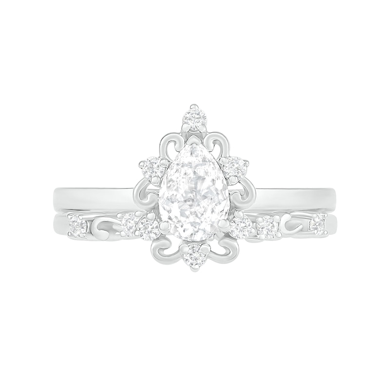 Main Image 3 of Pear-Shaped White Lab-Created Sapphire Ornate Frame Vintage-Style Bridal Set in Sterling Silver